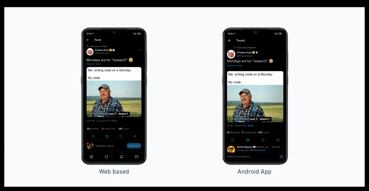 On the left, web version of twitter installed as a PWA displaying a tweet. The same tweet is displayed on the right but through the Android app.